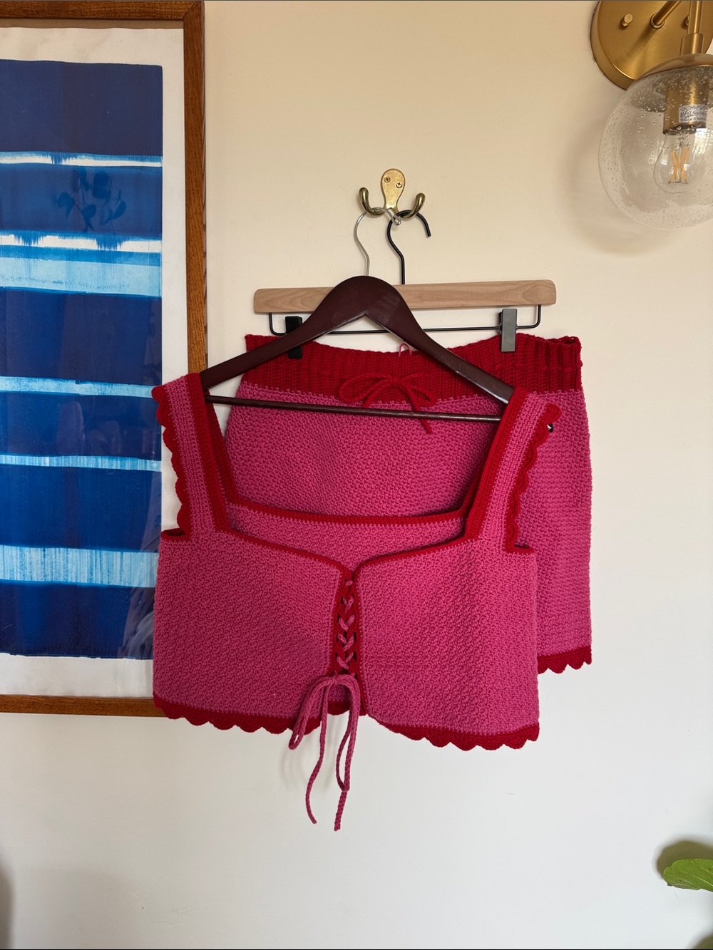 Hand-Knit Pink Two-Piece Crop Top & Skirt Set